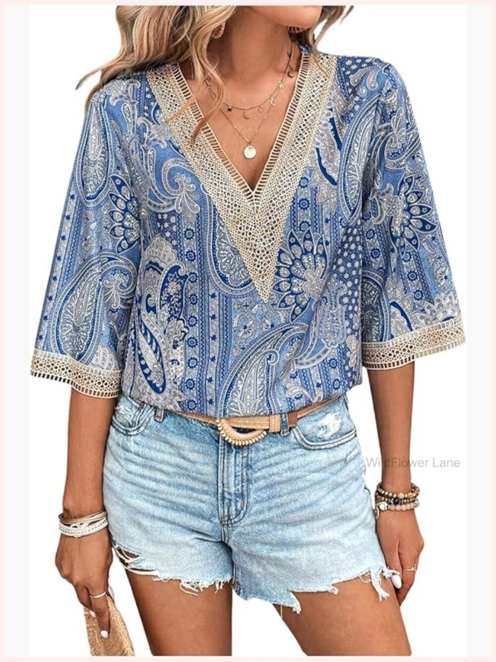 Boho Floral 3/4 Sleeve Deep V Neck Hollow Out Blouse Beach Vacation Top